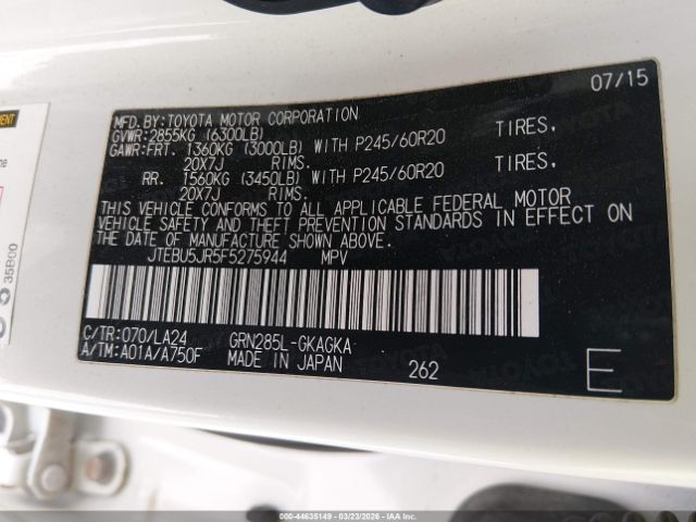 2015 TOYOTA 4RUNNER, LIMITED, JTEBU5JR5F5275944 (Stock#12jj59cc) - Image 2